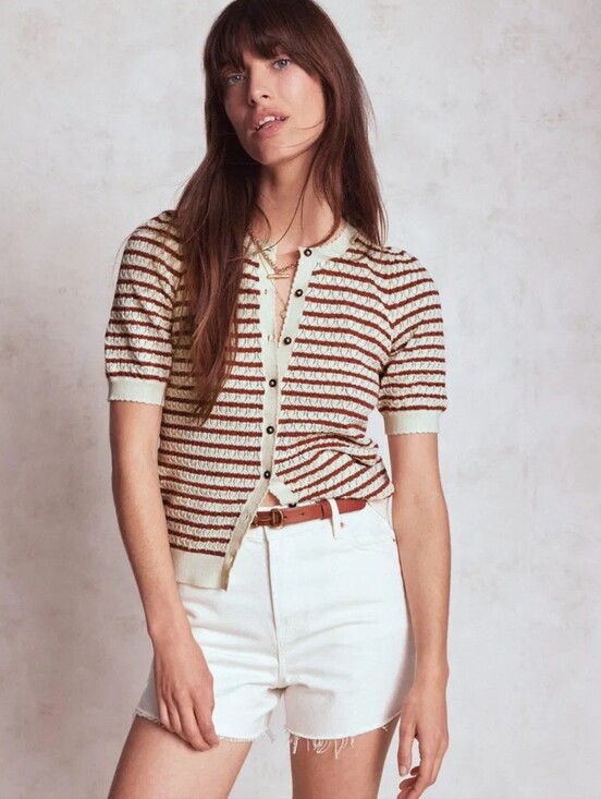 Boden Tops - Boden Dot Pointelle Striped Short Sleeve Cardigan